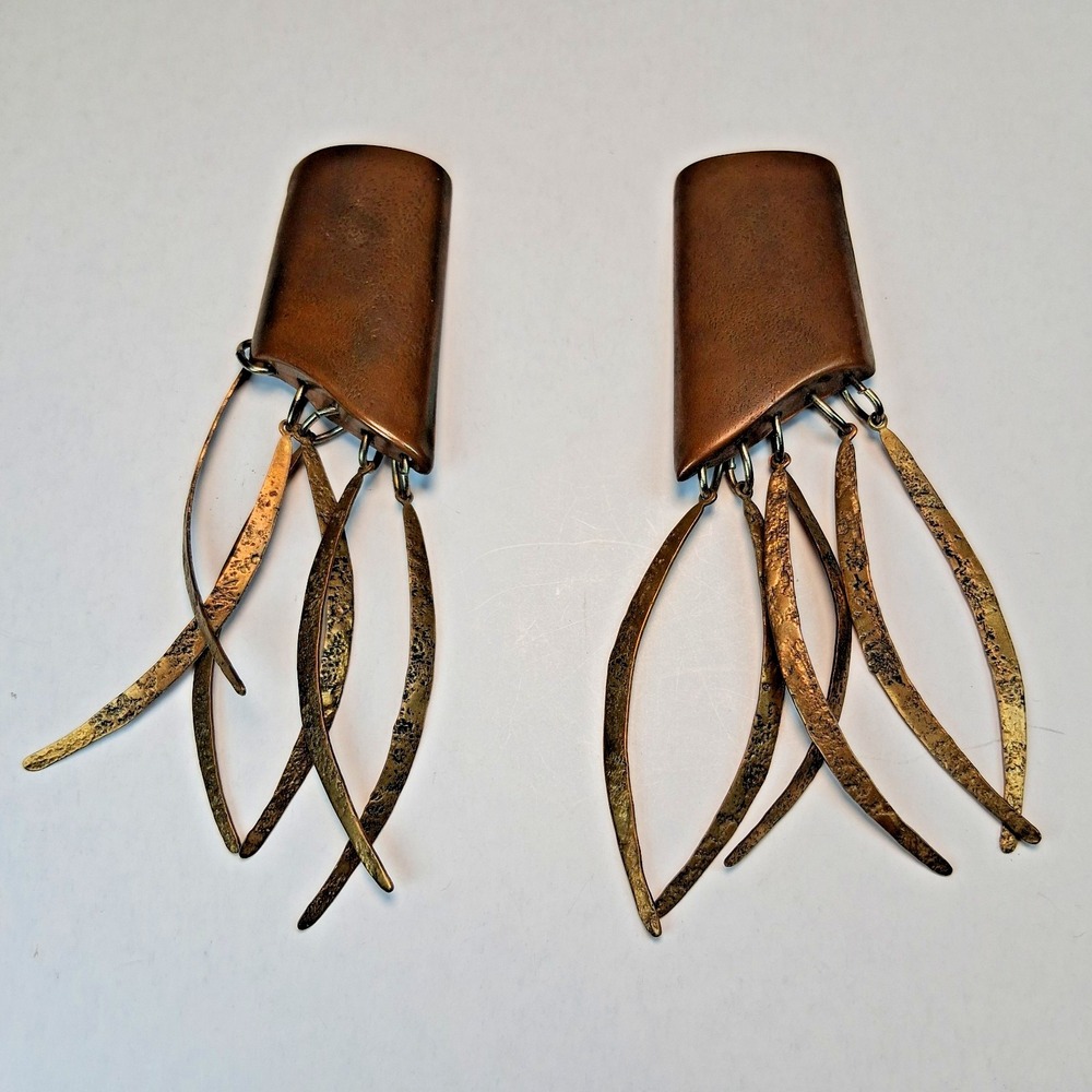 Vintage MCM Brutalist Copper Clip On Earrings Mixed Metal Dangle Artisan Studio - Picture 2 of 8